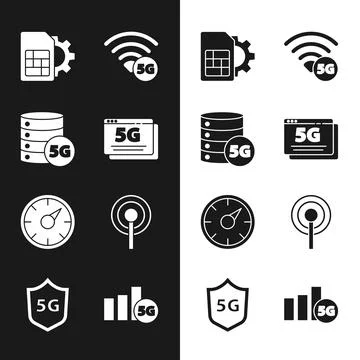 Set 5G network, Server, Sim card setting, Digital speed meter, Antenna, and Stock Illustration