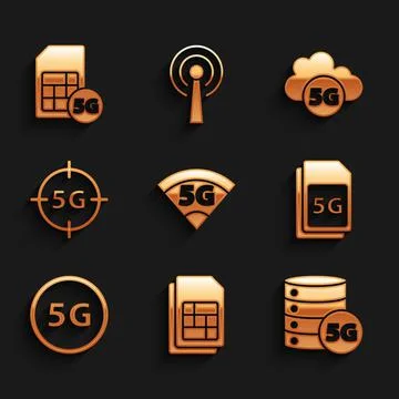 Set 5G network, Sim card, Server, Card, Cloud and icon. Vector Stockillustratie
