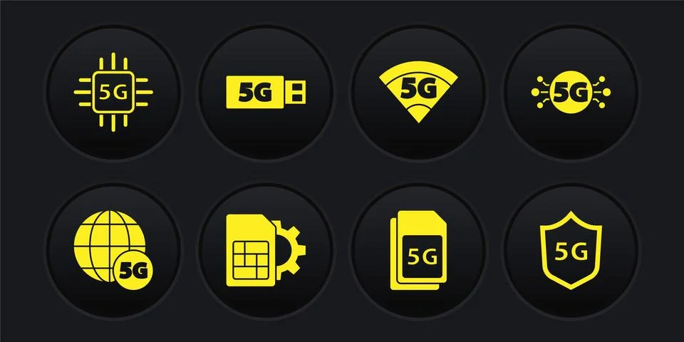 Set 5G network, Sim card setting, Card, modem, Protective shield and Processor Stock Illustration
