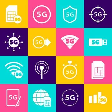Set 5G network, Sim card, modem, Protective shield, Card and icon. Vector Stock Illustration