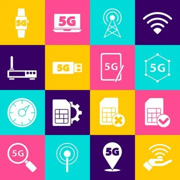 Set 5G network, Sim card, Antenna, modem, Router and wi-fi signal, Smart watch Stock Illustration