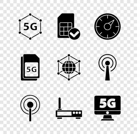 Set 5G network, Sim card, Digital speed meter, Antenna, Router and wi-fi signal Stock Illustration