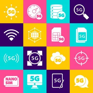 Set 5G network, Sim Card, Server, Social, Wi-Fi wireless,  and  icon. Vector 스톡 일러스트