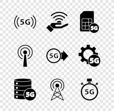 Set 5G network, Sim Card, Server, Antenna, Digital speed meter,  and  icon. V Stock Illustration