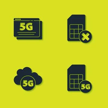 Set 5G network, Sim Card, Cloud and card rejected icon. Vector 库存插图