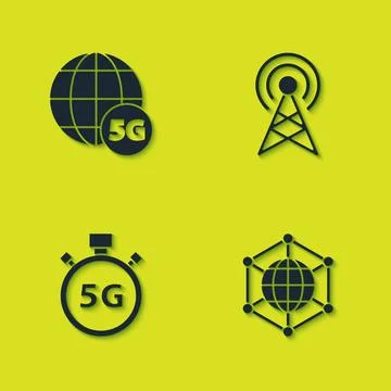 Set 5G network, Social, Digital speed meter and Antenna icon. Vector イラスト素材