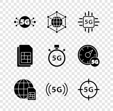 Set 5G network, Social, Processor, Globe Sim Card, card and Digital speed meter Stock Illustration
