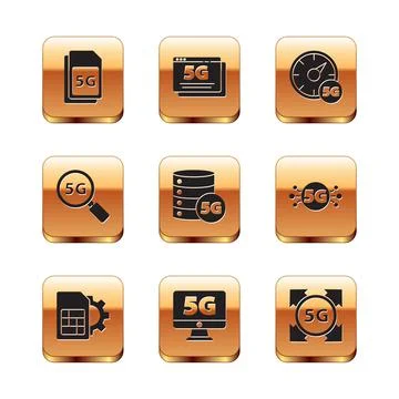 Set 5G Sim Card, card setting, Monitor with network, Server, Search, Digital Stock Illustration
