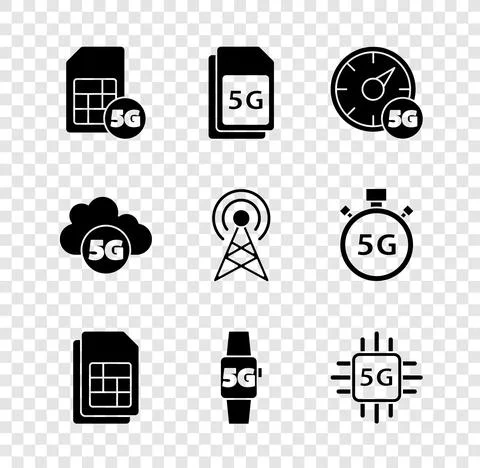 Set 5G Sim Card, Digital speed meter, card, Smart watch network, Processor Stock Illustration