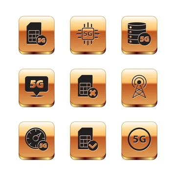 Set 5G Sim Card, Digital speed meter, card, rejected, Location network, Server Stock Illustration