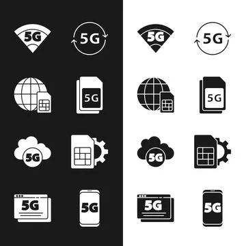 Set 5G Sim Card, Globe, network, Cloud, card setting, Mobile with and icon Stock Illustration