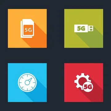 Set 5G Sim Card, modem, Digital speed meter and Setting network icon. Vector Illustrazione stock