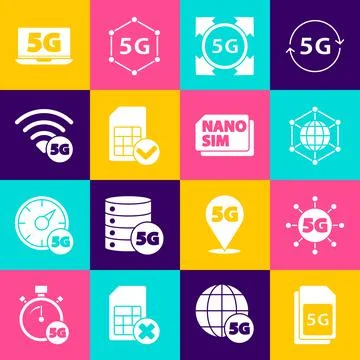 Set 5G Sim Card, network, Social, card, Laptop with and Nano icon. Vector Stock Illustration
