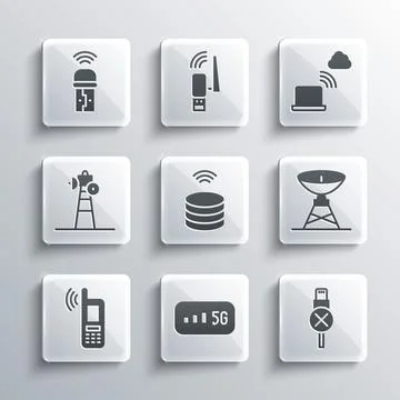 Set 5G wireless internet, No usb cable cord, Satellite dish, Smart data server Stock Illustration