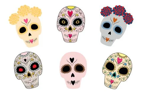 Set of 6 abstract patterned sugar skulls in trendy hues. Day of the Dead. Dia de Stock Illustration