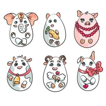 Set with 6 animals in a shape of eggs. These cute animals are an elephant, a Stock Illustration