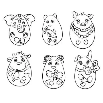 Set with 6 animals in a shape of eggs. It is a coloring pages with cute anima Stock Illustration