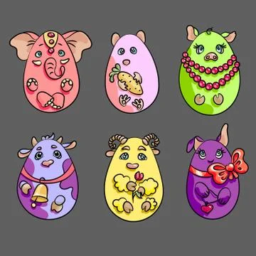 Set with 6 animals in a shape of eggs. These cute animals are an elephant, a Stock Illustration