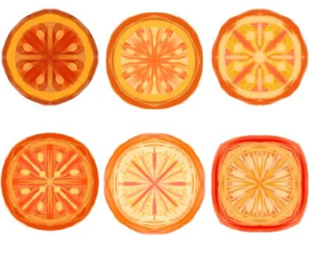 Set of 6 bright abstract oranges. Hand drawn watercolor oranges. Stock Illustration