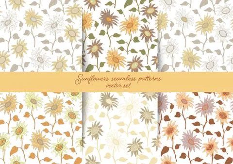 Set with 6 colors variations of vector seamless pattern with sunflowers. Stock Illustration