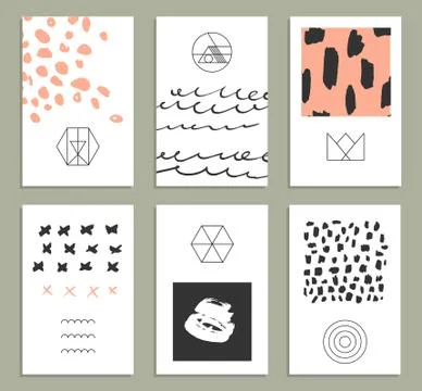 Set of 6 creative cards. Hand Drawn textures made by marker Stock Illustration