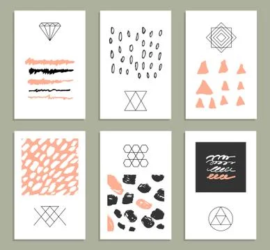 Set of 6 creative cards. Hand Drawn textures made by marker Stock Illustration