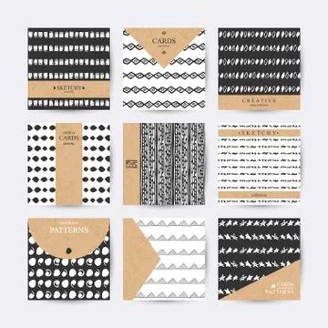 Set of 6 creative cards with hand-drawn patterns Illustrazione stock