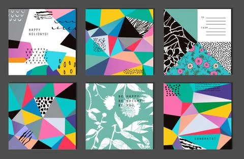 Set of 6 creative universal cards. Hand Drawn textures. Wedding, anniversary, Stock Illustration