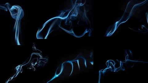 A set of 6 different blue smoke, gas isolated on a black background. Swirli.. Stock Photos
