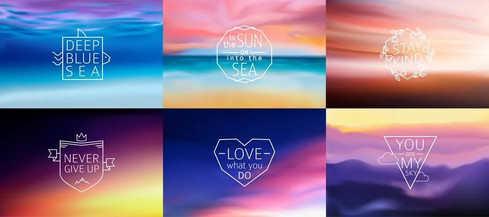 Set of 6 different landscape blurred backgrounds with typography text. Vector Stock Illustration