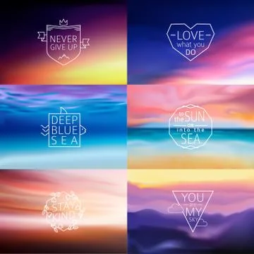 Set of 6 different landscape blurred backgrounds with typography text. Vector Stock Illustration