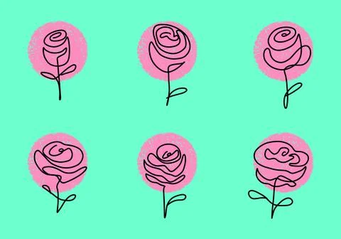 A set of 6 different roses drawn with one line on a green background. Stock Illustration
