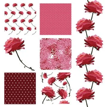 Set of 6 elegant seamless patterns with decorative pink roses, design elements イラスト素材
