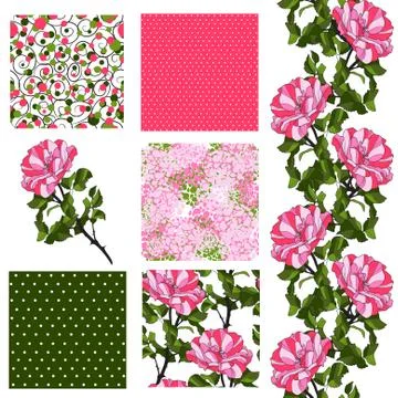 Set of 6 elegant seamless patterns with decorative pink roses, design elements Stock Illustration