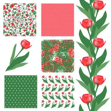 Set of 6 elegant seamless patterns with decorative red tulips, design elements イラスト素材
