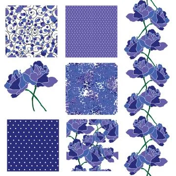 Set of 6 elegant seamless patterns with decorative blue roses, design elements イラスト素材