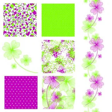 Set of 6 elegant seamless patterns with lucky four leaf clovers, design elements Stock Illustration