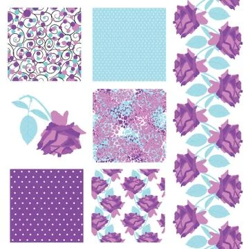 Set of 6 elegant seamless patterns with decorative violet roses, design elements Stock Illustration