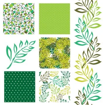 Set of 6 elegant seamless patterns with decorative green leaves, design elements イラスト素材