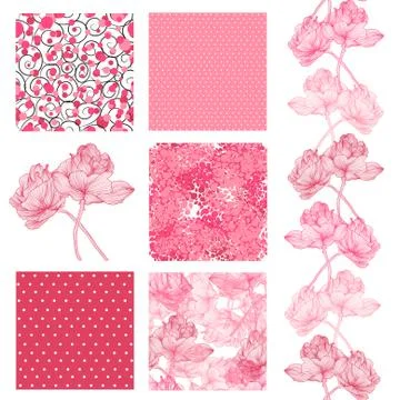 Set of 6 elegant seamless patterns with decorative pink roses,, design element Stock Illustration