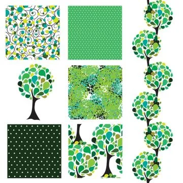 Set of 6 elegant seamless patterns with decorative green trees, design elements イラスト素材