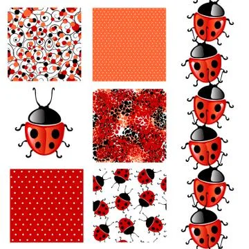 Set of 6 elegant seamless patterns with lucky ladybugs, design elements イラスト素材