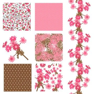 Set of 6 elegant seamless patterns with decorative pink flowers, design elements イラスト素材