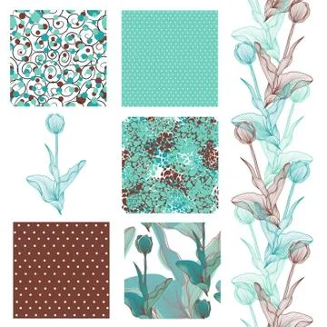 Set of 6 elegant seamless patterns with decorative tulips, design elements Stock Illustration