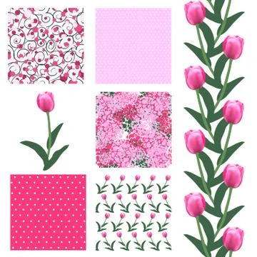 Set of 6 elegant seamless patterns with decorative pink tulips, design elements イラスト素材
