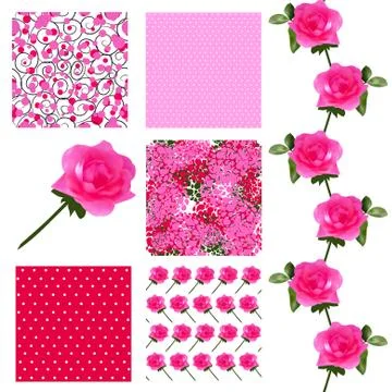 Set of 6 elegant seamless patterns with decorative pink roses, design elements Stock Illustration