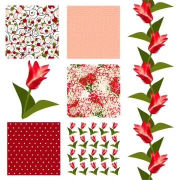 Set of 6 elegant seamless patterns with decorative red tulips, design elements イラスト素材