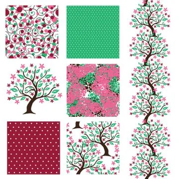 Set of 6 elegant seamless patterns with decorative floral trees,design elements Illustrazione stock