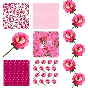 Set of 6 elegant seamless patterns with decorative pink roses, design elements Illustrazione stock