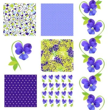 Set of 6 elegant seamless patterns with decorative blue pansies, design elements イラスト素材